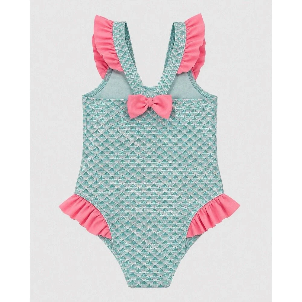 Sweet Pineapple Mermaid Scale One-Piece Swim Size 4 Blue & Pink Ruffled Bow